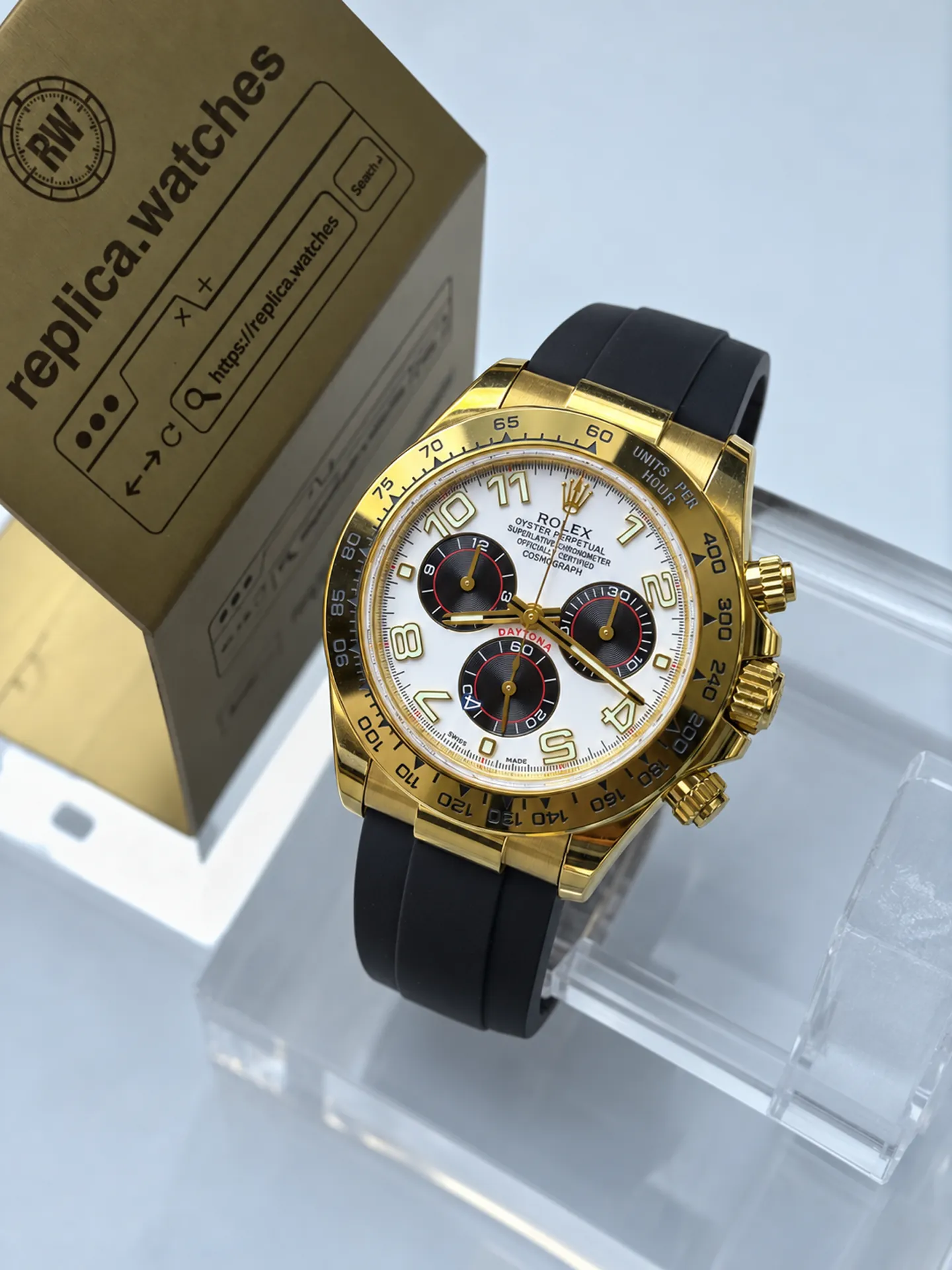 Replica Rolex Daytona 116518 White Arabic Dial 40mm Yellow Gold Oysterflex 4130 Weighted Watch