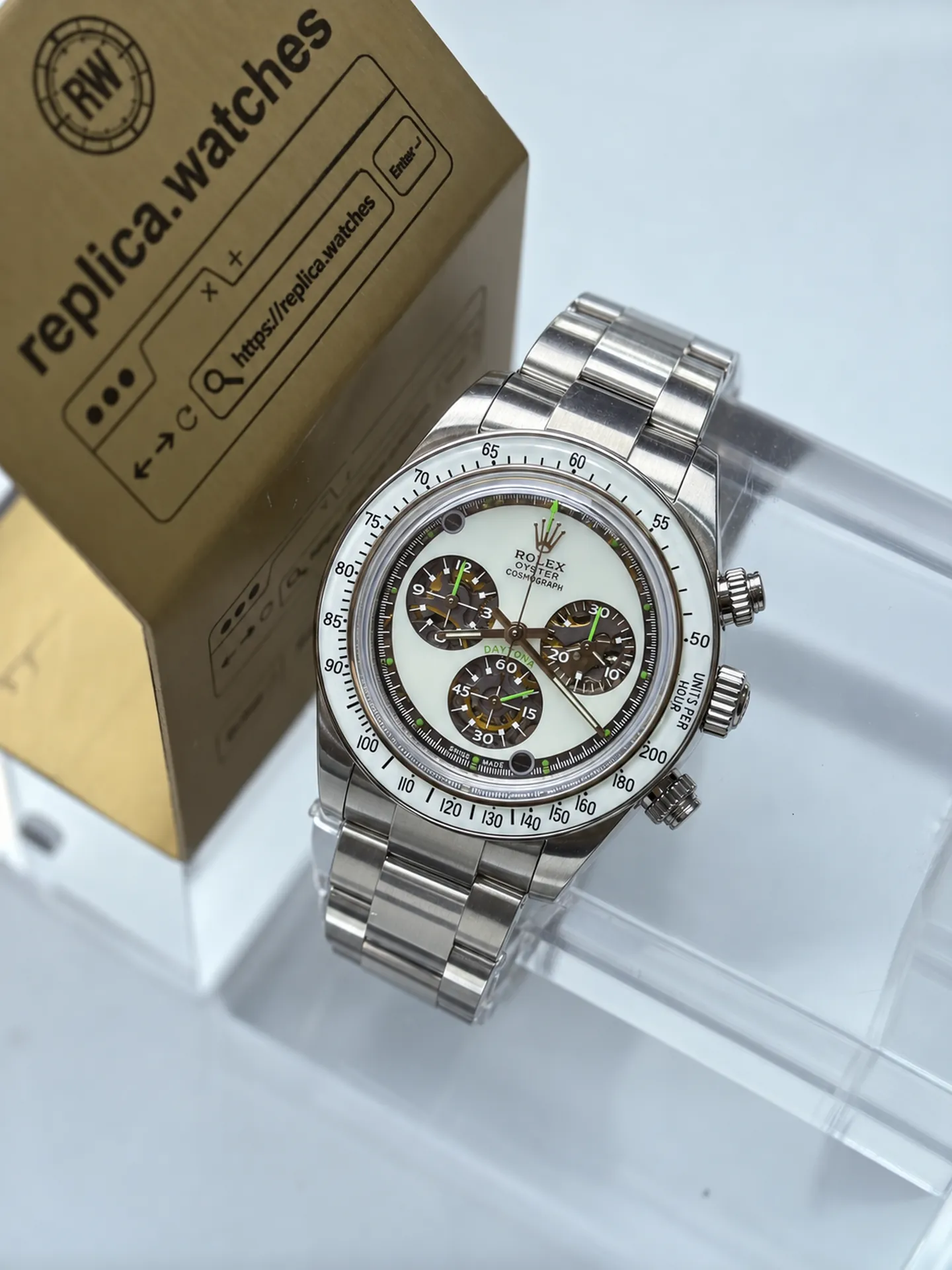 Replica Rolex Artisans de Geneve Neon Daytona White Dial 40mm Steel 4130 Watch