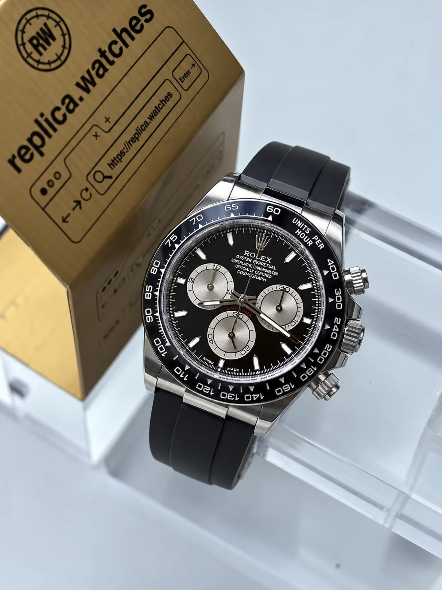Replica Rolex Daytona M126519LN-0002 Black Dial 40mm White Gold Oysterflex 4131 Weighted Watch