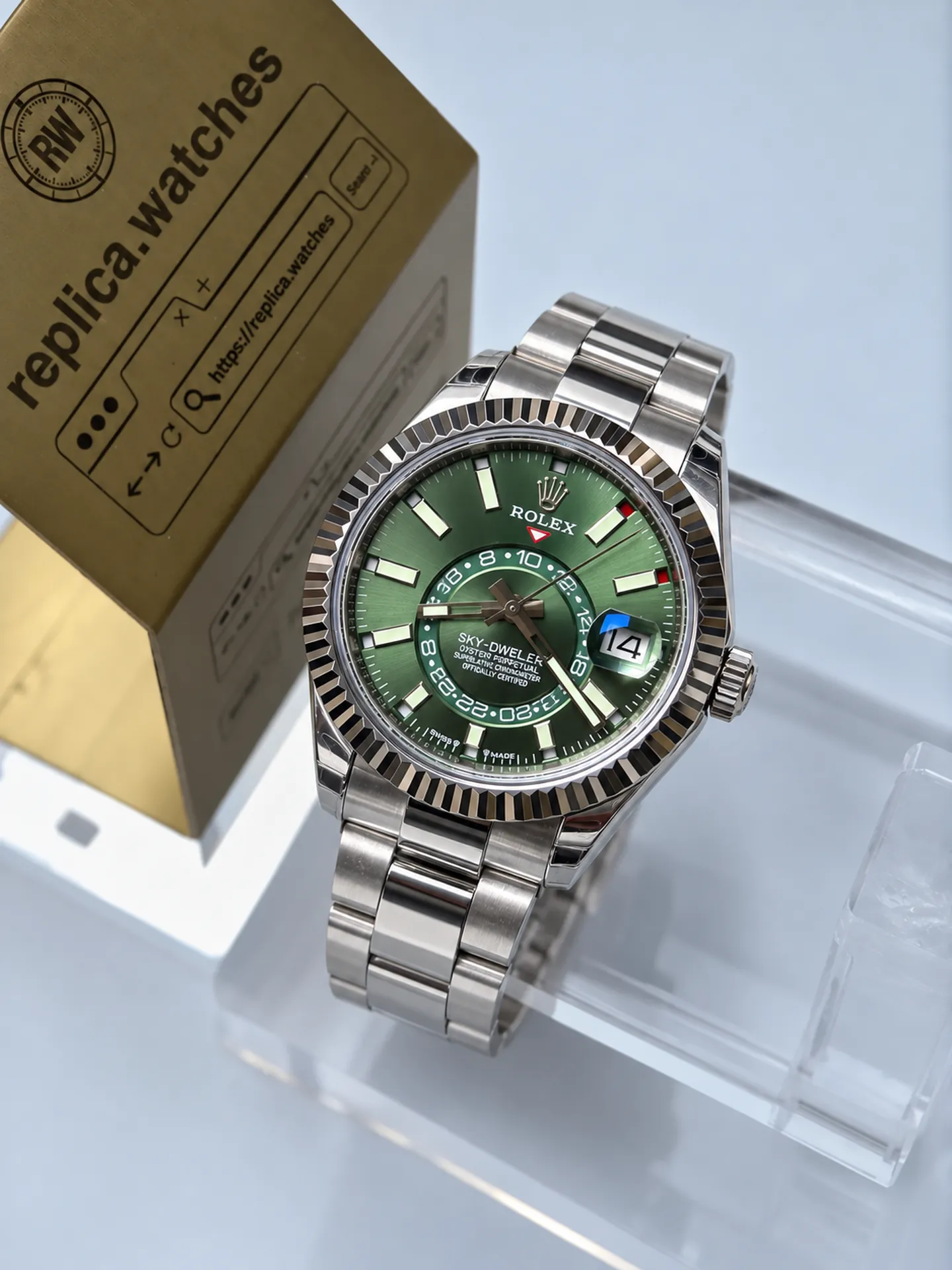 Replica Rolex Sky-Dweller M336934-0001 Mint Green Dial 42mm Steel White Gold 9002 Weighted Watch