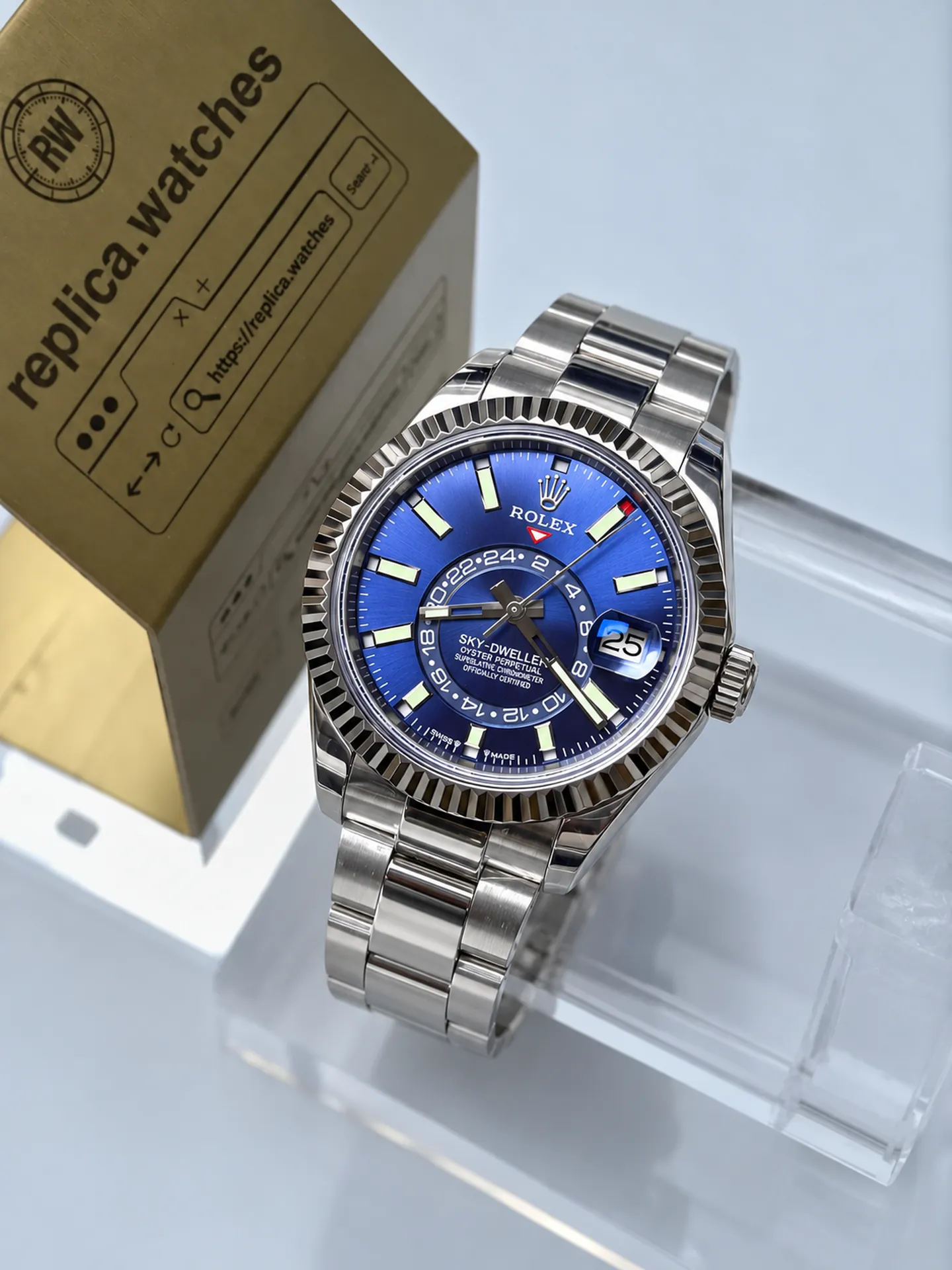 Replica Rolex Sky-Dweller M336934-0005 Blue Dial 42mm Steel White Gold 9002 Weighted Watch
