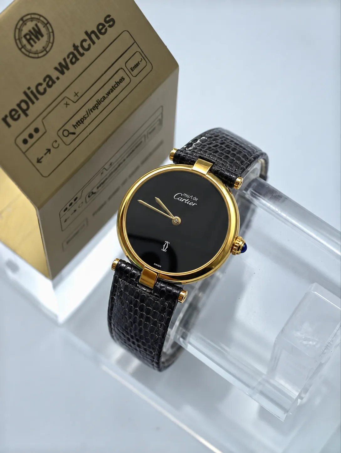 Cartier Vendome Replica 24mm Quartz Minimalist Black Dial Leather Strap Vintage Watch