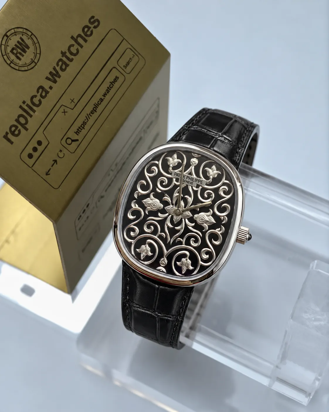Patek Philippe Golden Ellipse 5738/51G-001 Black Floral Engraved Dial Replica Watch