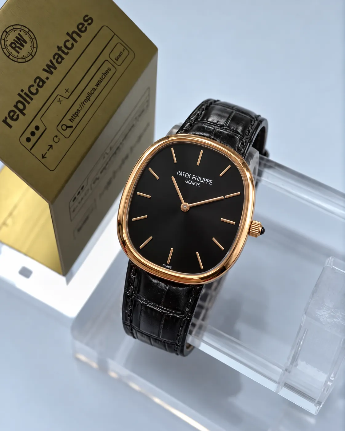 Patek Philippe Golden Ellipse 5738R-001 Black Dial Rose Gold-Tone Replica Watch