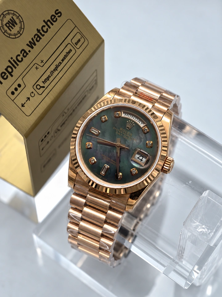 Rolex Day-Date M118235F-0007 Super Clone Watch 36mm Black Mother-of-Pearl Dial Rose Gold Finish 904L Steel