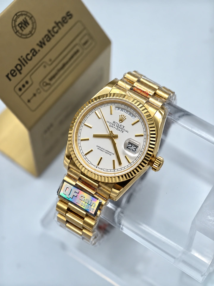 Rolex Day-Date M128238-0081 Super Clone Watch 36mm White Lacquer Dial 18K Gold-Plated 904L Steel