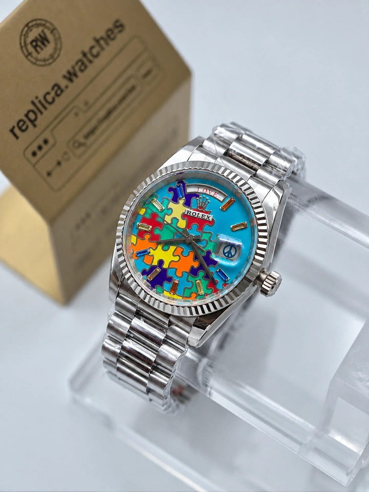 Rolex Day-Date M128239-0056 Super Clone Watch 36mm Colorful Enamel Jigsaw Puzzle Dial 904L Steel