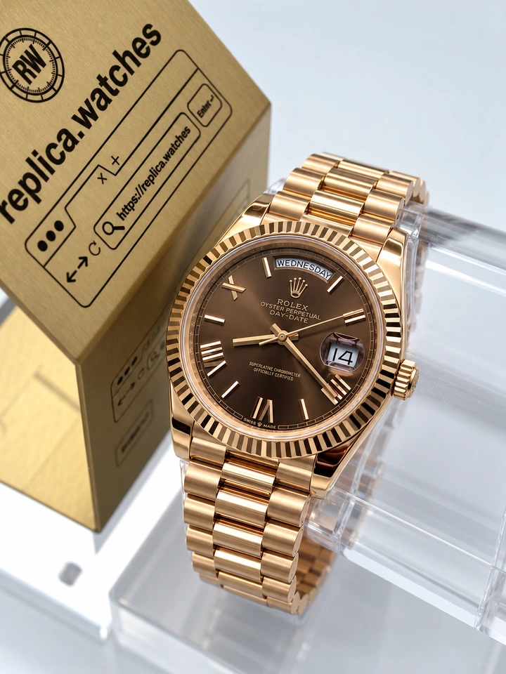 Rolex Day-Date M228235-0002 40mm Chocolate Roman Dial 1:1 Clone Replica Watch, Rose Gold-Plated Case and Bracelet