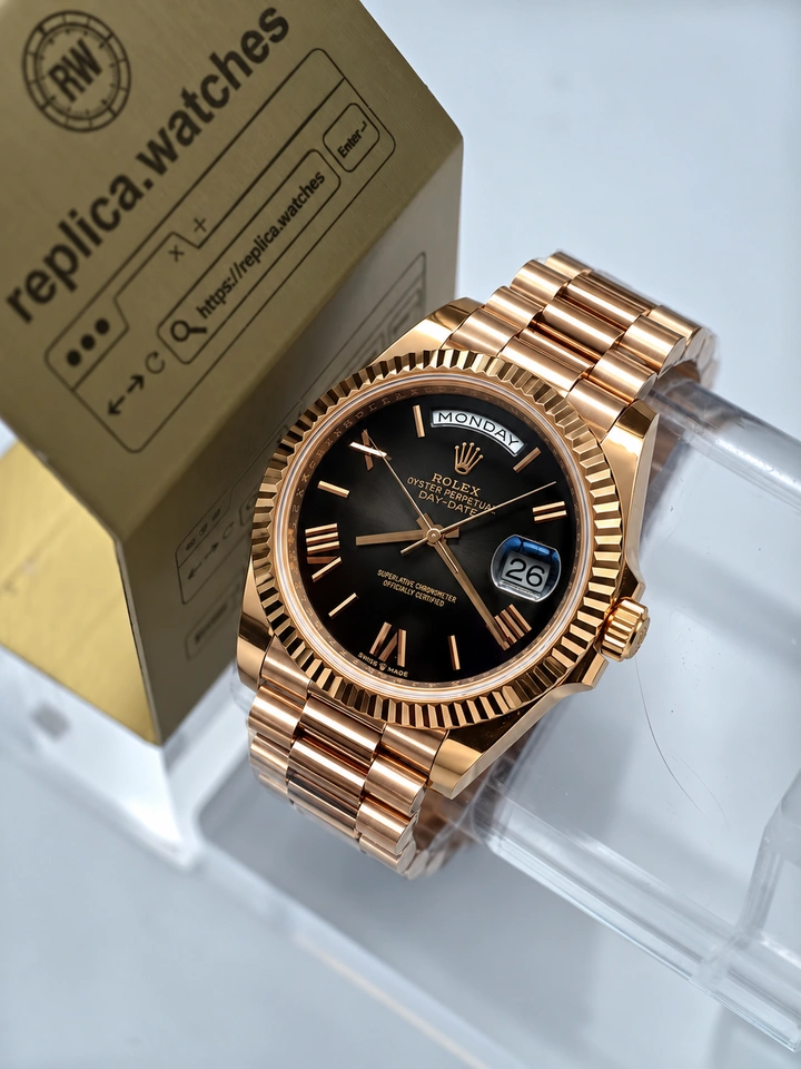 Rolex Day-Date M228235-0055 40mm Smoked Black Roman Dial 18K Rose Gold Plated Super Clone Watch
