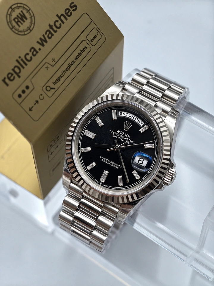 Rolex Day-Date M228239-0005 40mm Black Sunray Baguette Dial 904L Steel Clone Watch with Cal.3255 Movement