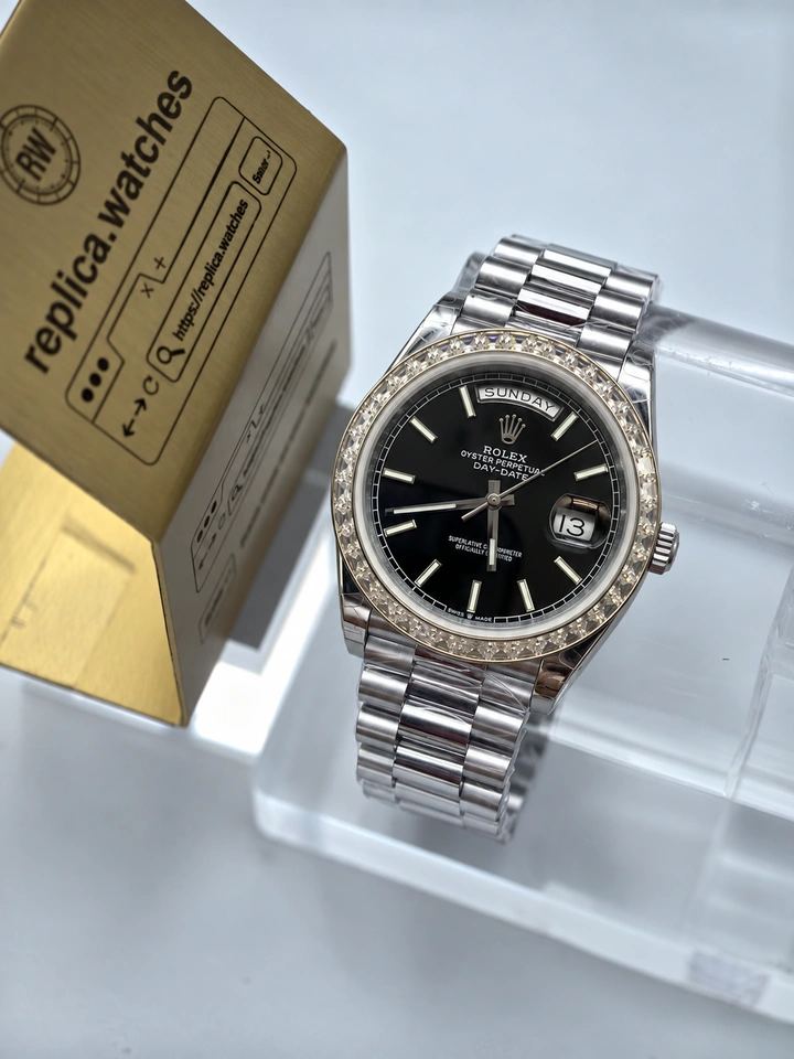 Rolex Day-Date M228396TBR-0024 Super Clone Watch 40mm Black Dial Diamond Bezel 904L Steel Bracelet