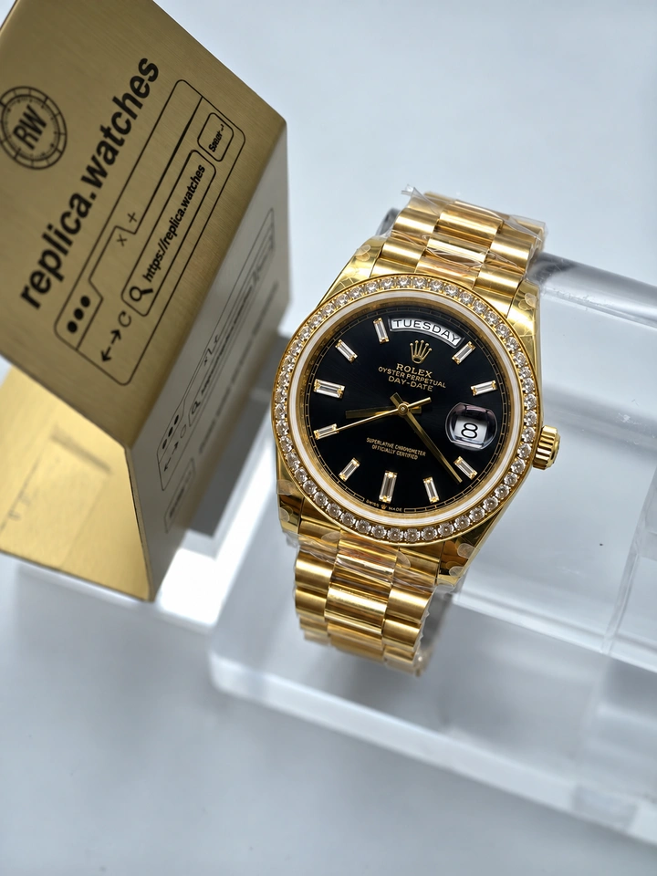 Rolex Day-Date M228398TBR-0001 Super Clone Watch 40mm Black Dial Diamond Bezel Gold Finish