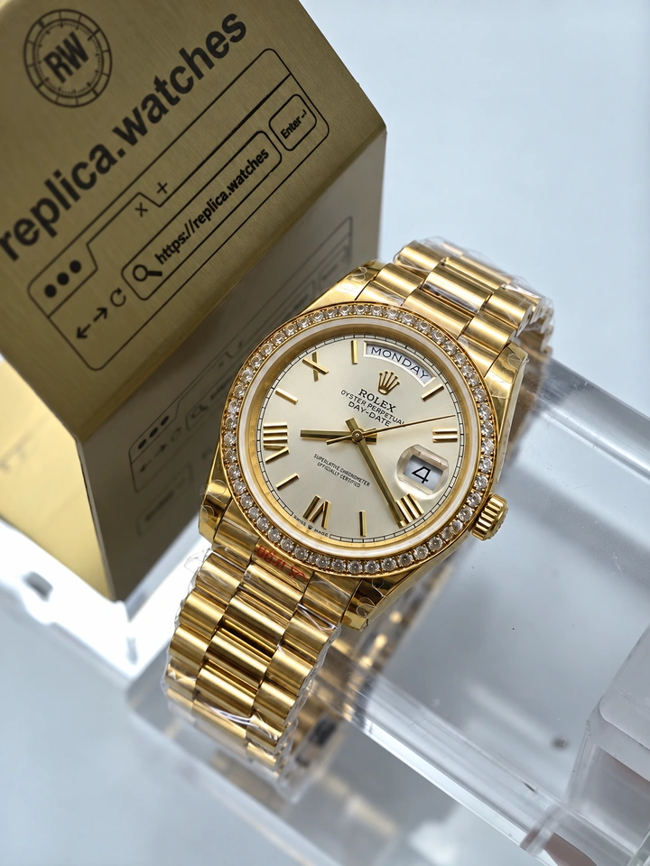 Rolex Day-Date M228398TBR-0006 Super Clone Watch 40mm Silver Roman Dial Gold Finish Diamond-Set Bezel
