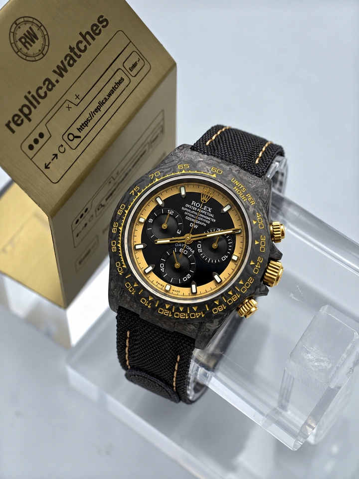 DiW Modified Rolex Daytona Cream Invert Gold 40mm Carbon Fiber Super Clone Watch with Black Nylon Strap