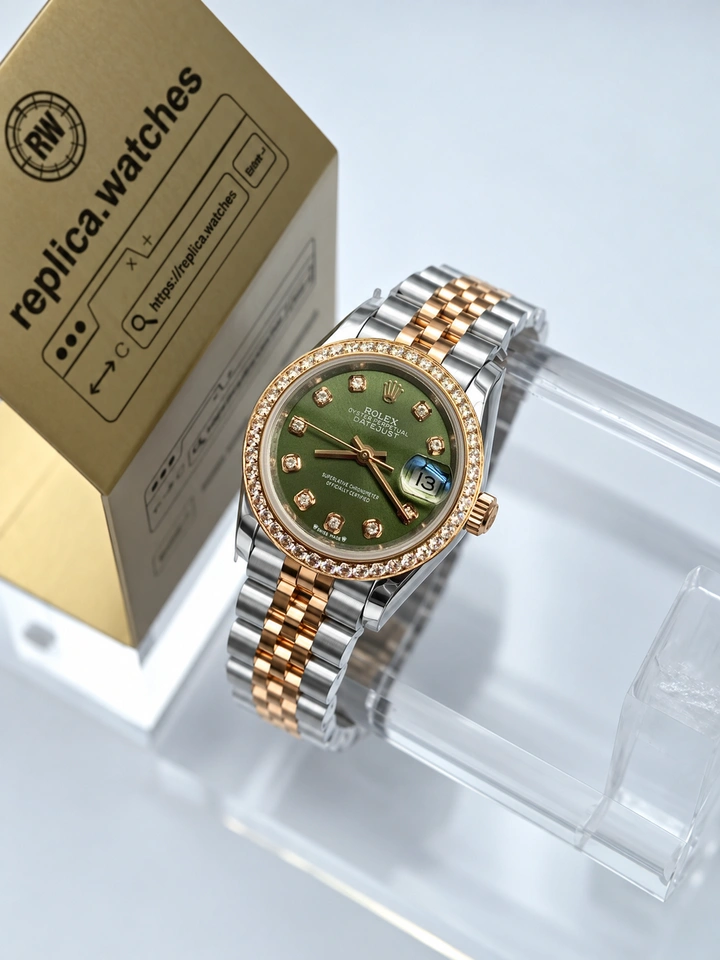 Rolex Datejust M279381RBR-0007 28mm Olive Green Diamond Bezel Super Clone Watch Rose Gold Two-Tone Design