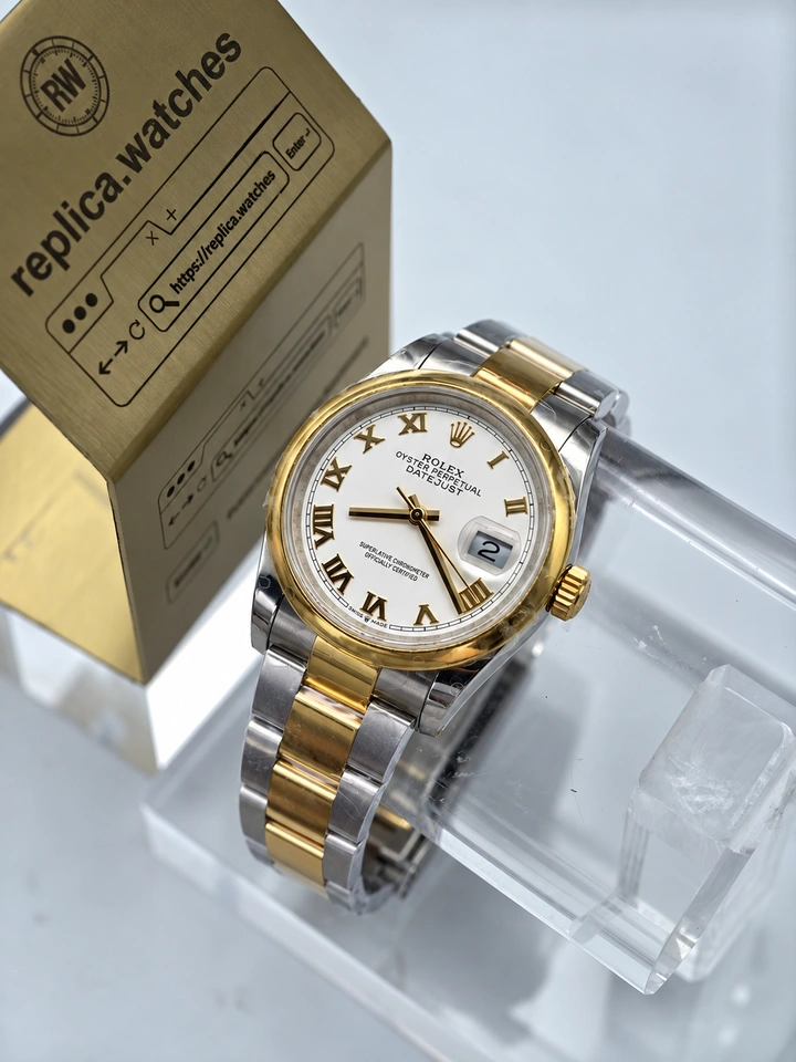 Rolex Datejust M126203-0048 Super Clone Watch 36mm White Roman Dial 904L Steel 18K Gold Plated Bezel
