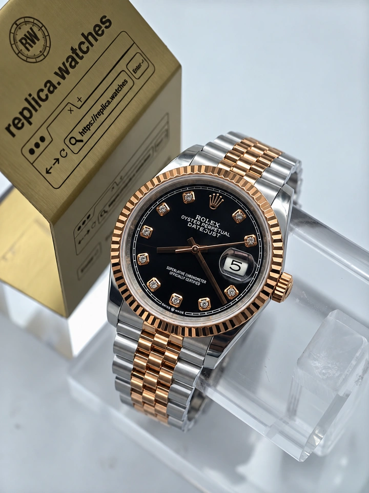 Rolex Datejust M126231-0019 36mm Black Sunray Dial Rose Gold Two-Tone Super Clone Watch with Square Set Markers