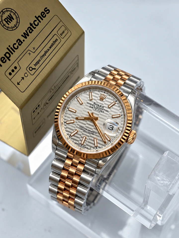 Rolex Datejust M126231-0033 36mm Silver Fluted Motif Dial Rose Gold Clone Watch 904L Steel Cal.3235 Movement
