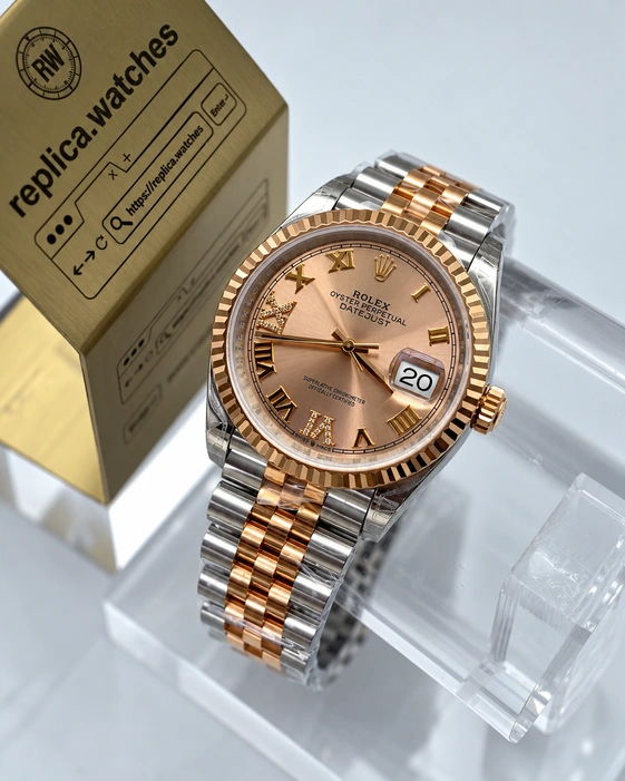 Rolex Datejust M126231-0049 36mm Rose Gold Sunray Roman Dial 1:1 Clone Watch Two Tone Bracelet