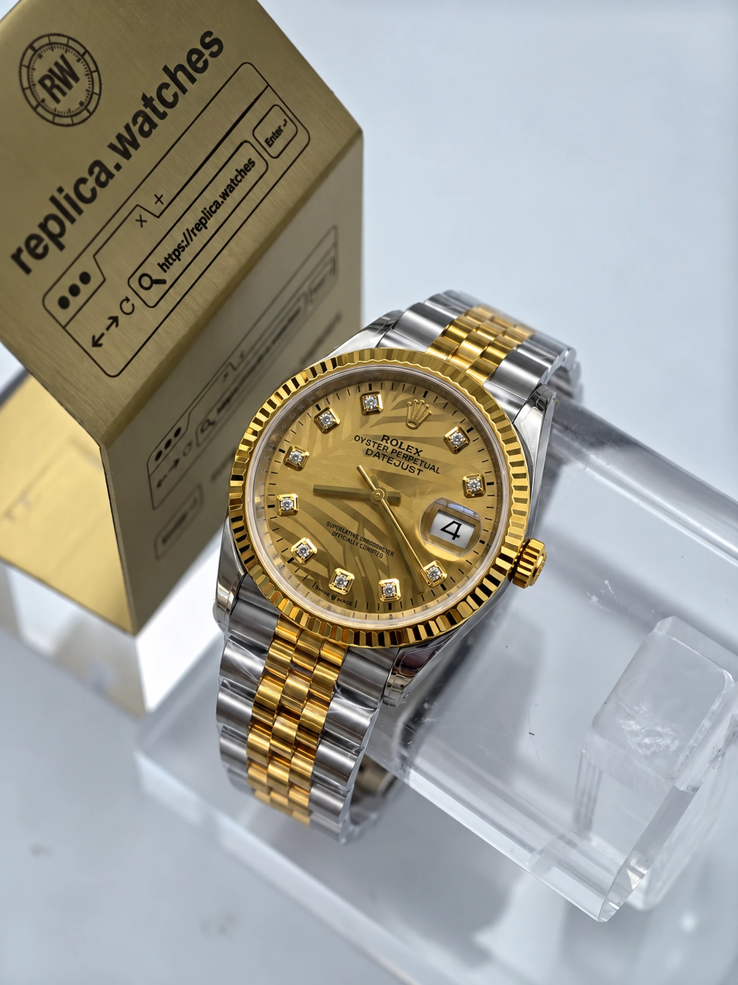 Rolex Datejust M126233-0043 36mm Gold Palm Motif Dial 1:1 Clone Watch 904L Steel 18K Gold Plated Bracelet