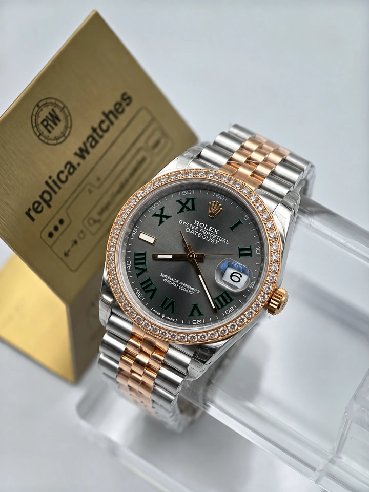 Rolex Datejust M126281RBR-0017 Super Clone Watch 36mm Wimbledon Green Roman Dial Rose Gold Diamond Bezel