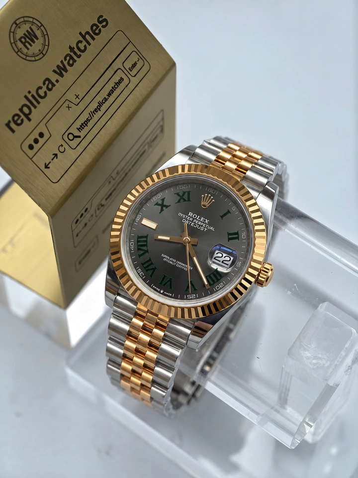 Rolex Datejust M126331-0016 Super Clone Watch 41mm Wimbledon Grey Dial Green Roman Numerals Rose Gold Finish