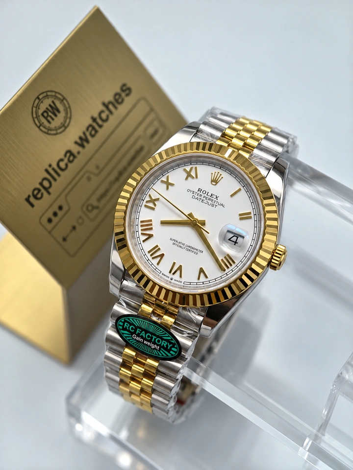 Rolex Datejust M126333-0026 Super Clone Watch 41mm White Roman Dial Gold Bezel Gain-Weight Version