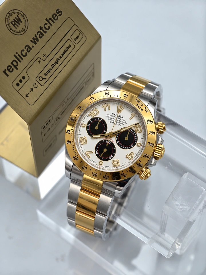 Rolex Daytona 116523 Two-Tone Panda Super Clone Watch 40mm White Dial Black Subdials Gold Accents