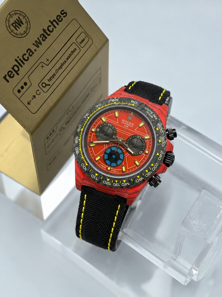DIW Rolex Daytona Iron Man Super Clone Watch 40mm Carbon Fiber Case Red Dial Blue Luminous Subdial