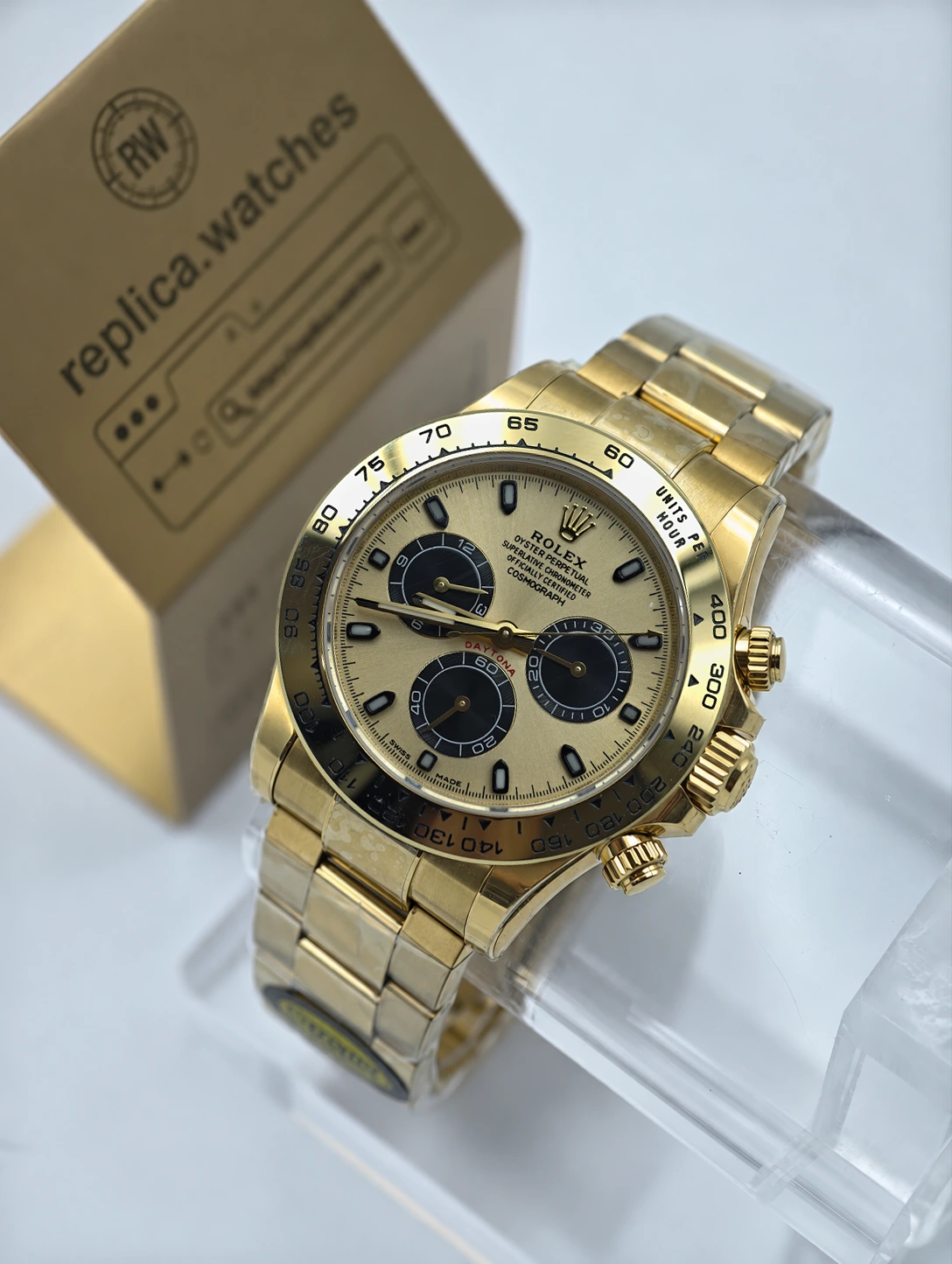 Rolex Daytona M116508-0014 Super Clone Watch 40mm Gold Dial Black Sub-Dials Gold-Plated Steel