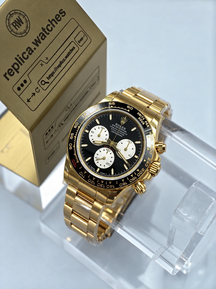 Rolex Daytona M126528LN-0001 40mm Black Reverse Panda Dial Gold Plated 904L Steel Ceramic Bezel Clone Watch