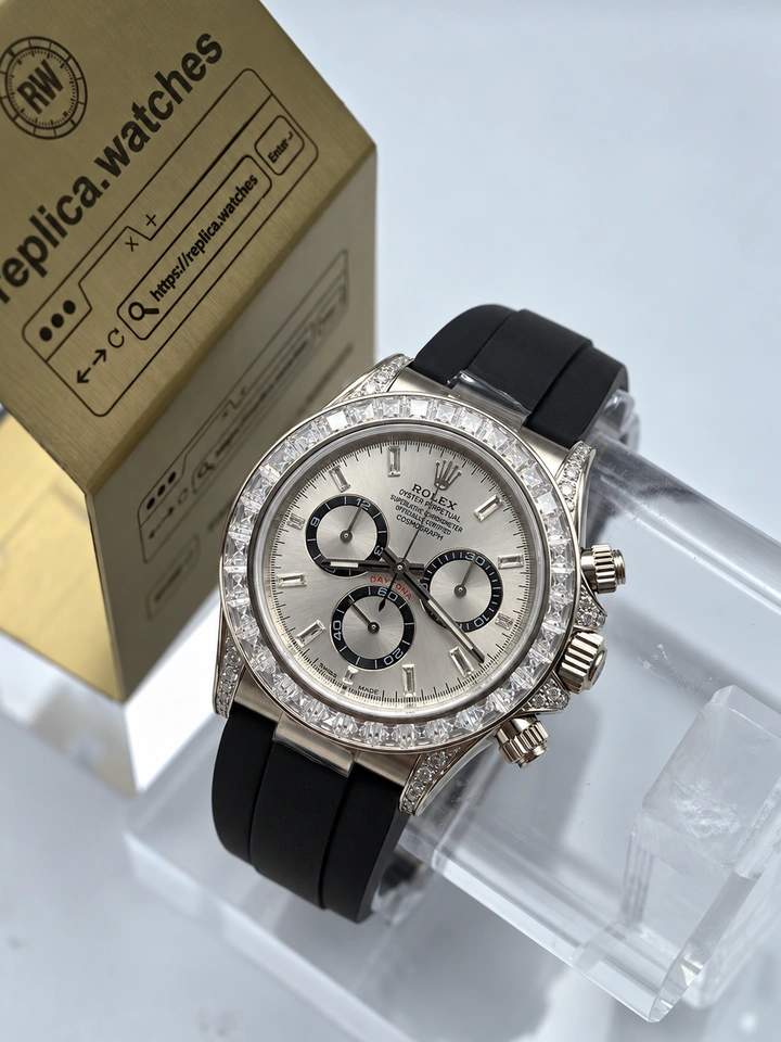 Rolex Daytona M126539TBR-0002 40mm Steel Grey Dial Baguette Diamond Bezel Black Rubber Strap Super Clone Watch