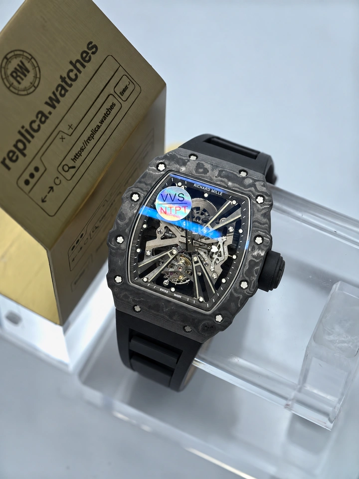 Richard Mille RM 12-01 Carbon Fiber 1:1 Clone Tourbillon Skeleton Watch Black Rubber Strap Sapphire Crystal