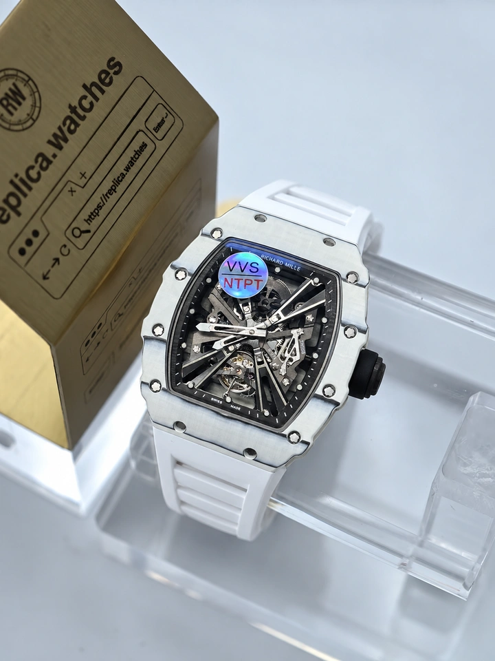Richard Mille RM 12-01 White Quartz Carbon TPT Clone Tourbillon Watch Sapphire Crystal White Rubber Strap