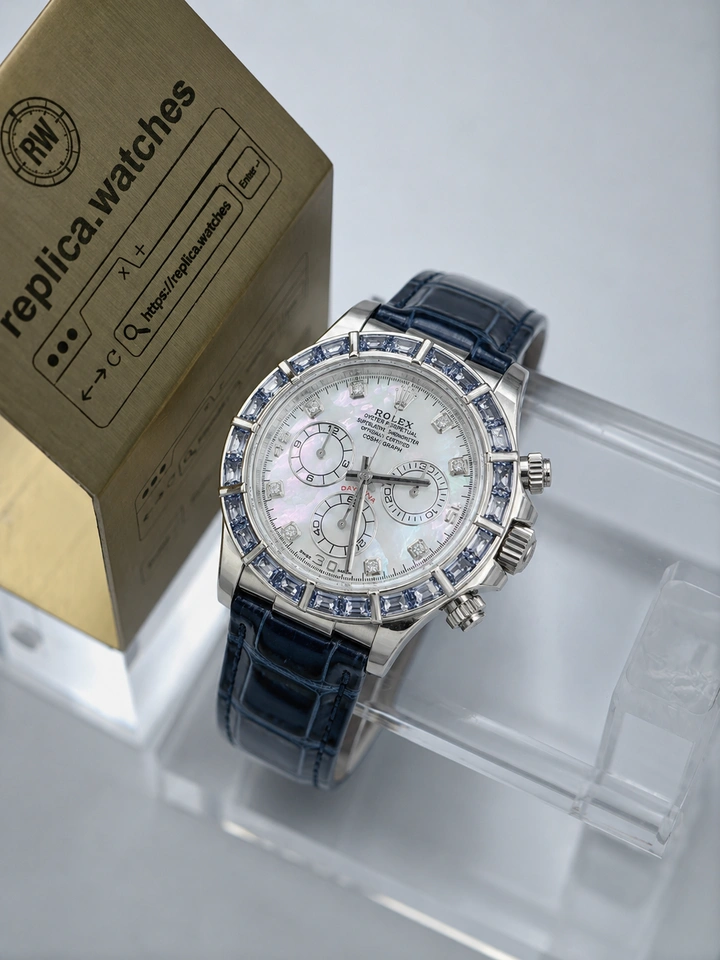 Super Clone Rolex Cosmograph Daytona 116589SACI Mother of Pearl Dial Blue Leather Strap 904L Steel Sapphire Bezel 40mm